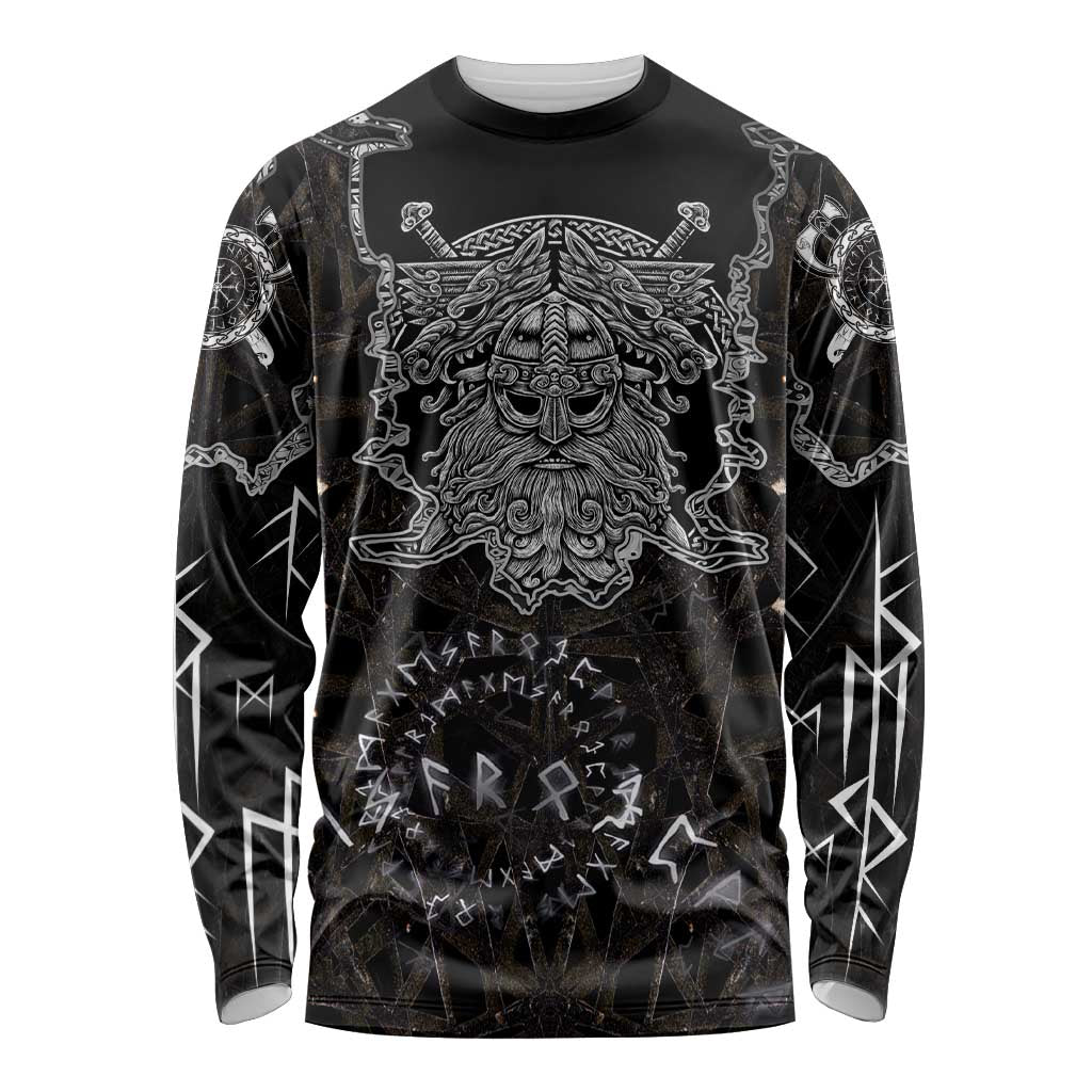 Viking Elder and Helm of Awe Norse Mythology Long Sleeve Shirt Monochrome Rune Engraving Style