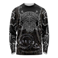 Viking Elder and Helm of Awe Norse Mythology Long Sleeve Shirt Monochrome Rune Engraving Style