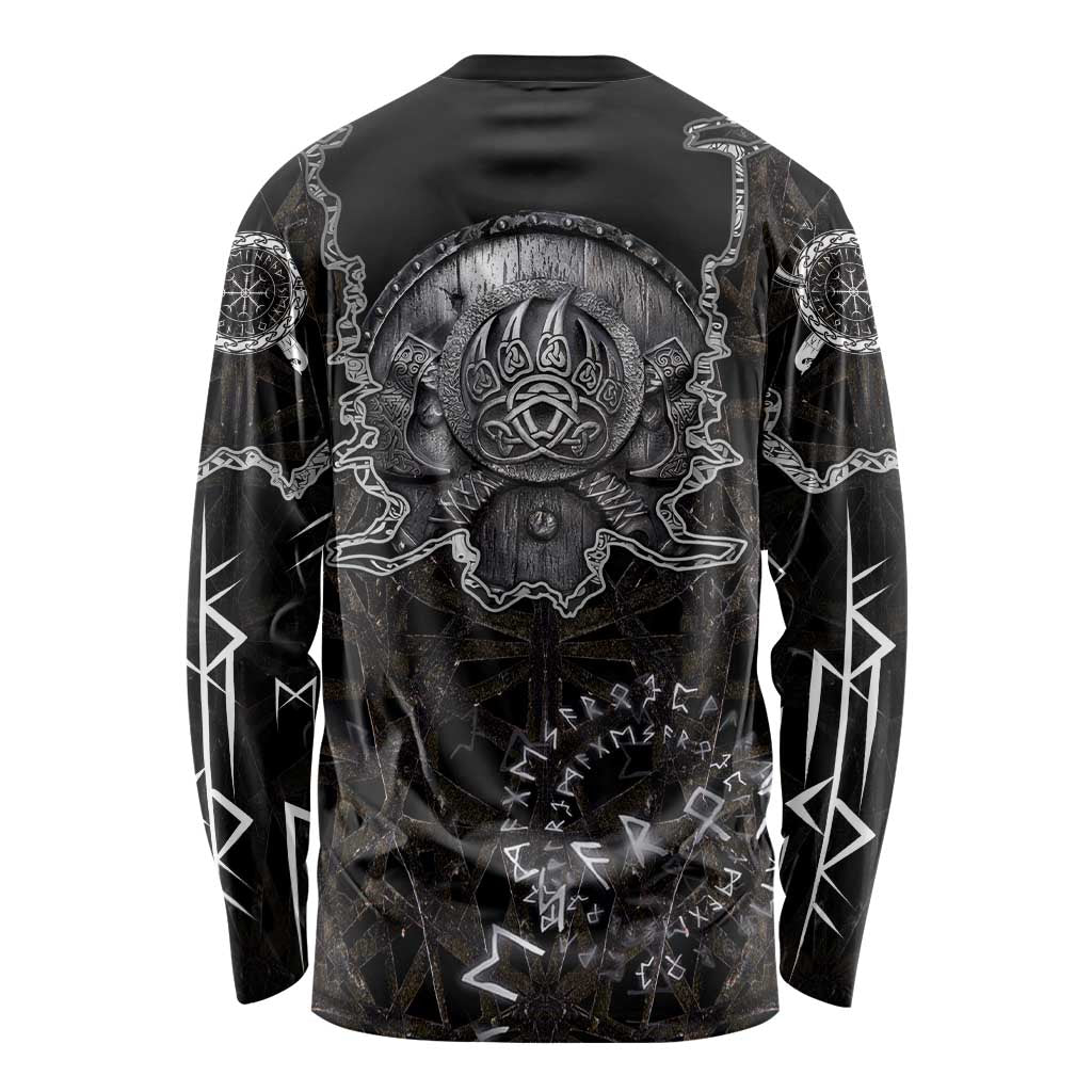 Viking Elder and Helm of Awe Norse Mythology Long Sleeve Shirt Monochrome Rune Engraving Style