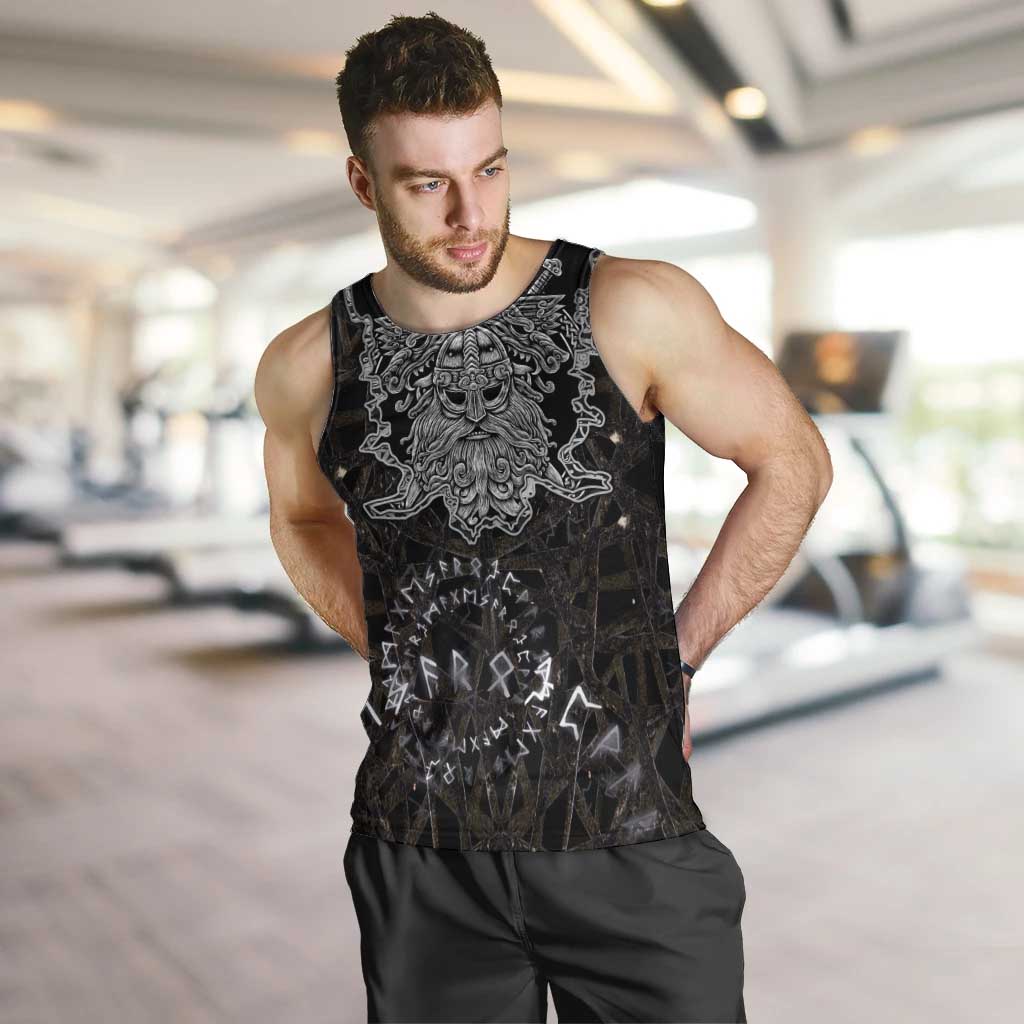 Viking Elder and Helm of Awe Norse Mythology Men Tank Top Monochrome Rune Engraving Style