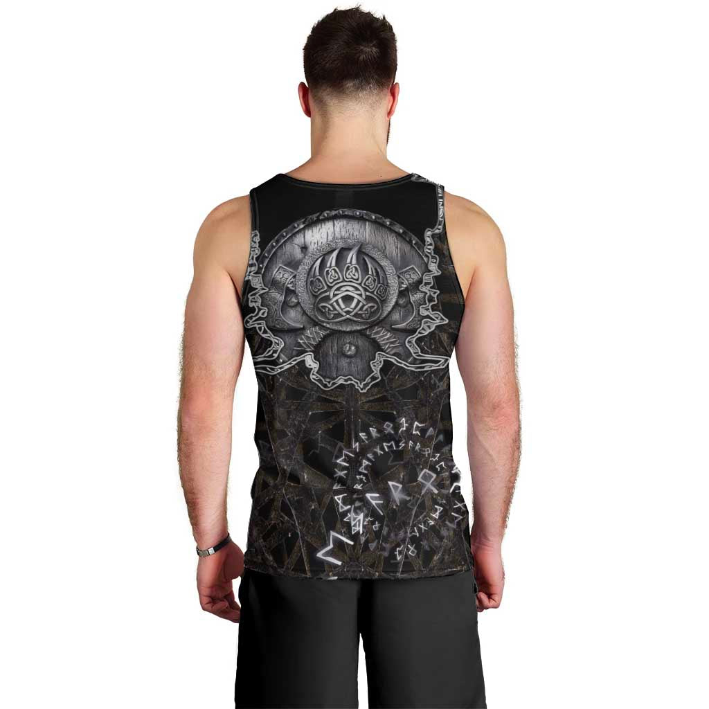 Viking Elder and Helm of Awe Norse Mythology Men Tank Top Monochrome Rune Engraving Style