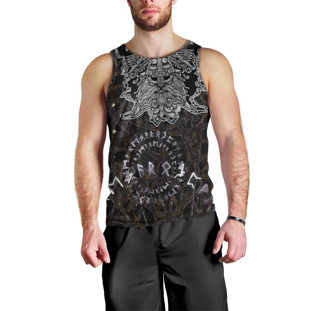 Viking Elder and Helm of Awe Norse Mythology Men Tank Top Monochrome Rune Engraving Style