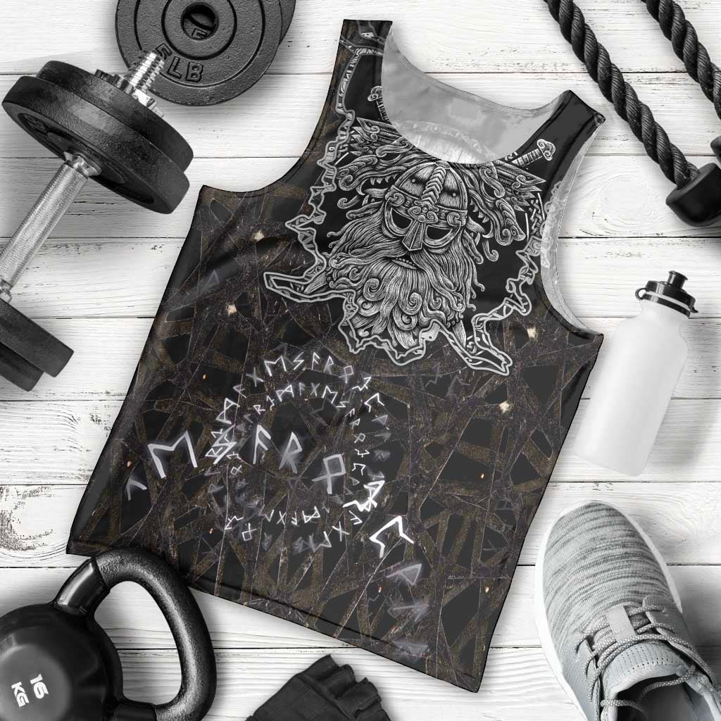 Viking Elder and Helm of Awe Norse Mythology Men Tank Top Monochrome Rune Engraving Style