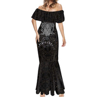 Viking Elder and Helm of Awe Norse Mythology Mermaid Dress Monochrome Rune Engraving Style