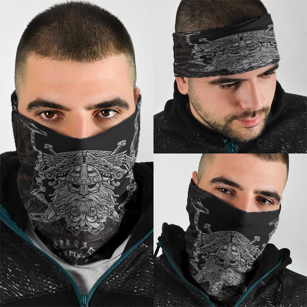 Viking Elder and Helm of Awe Norse Mythology Neck Gaiter Monochrome Rune Engraving Style