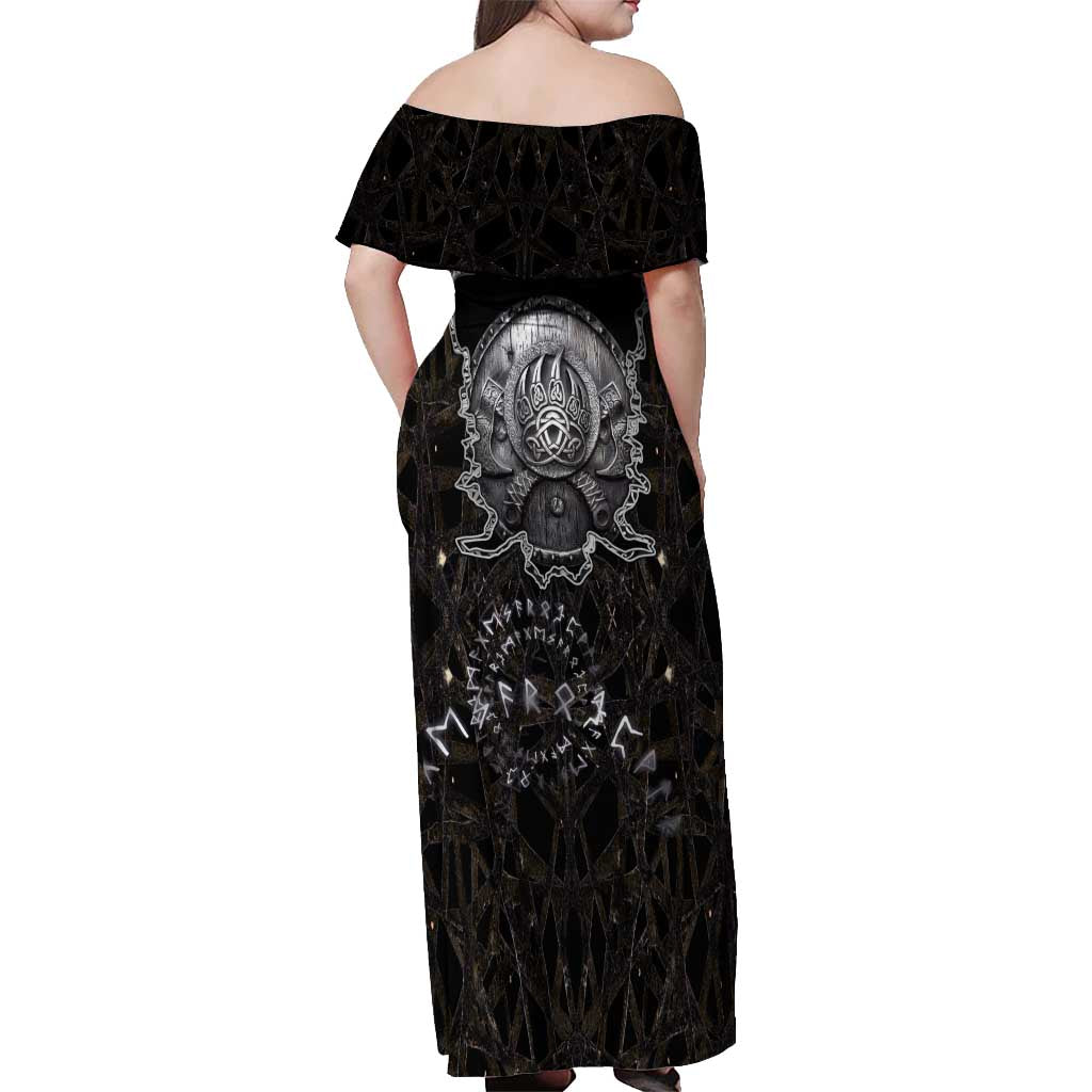Viking Elder and Helm of Awe Norse Mythology Off Shoulder Maxi Dress Monochrome Rune Engraving Style