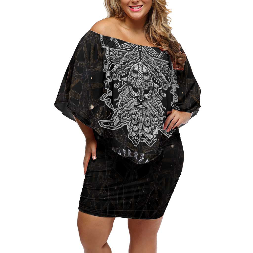 Viking Elder and Helm of Awe Norse Mythology Off Shoulder Short Dress Monochrome Rune Engraving Style