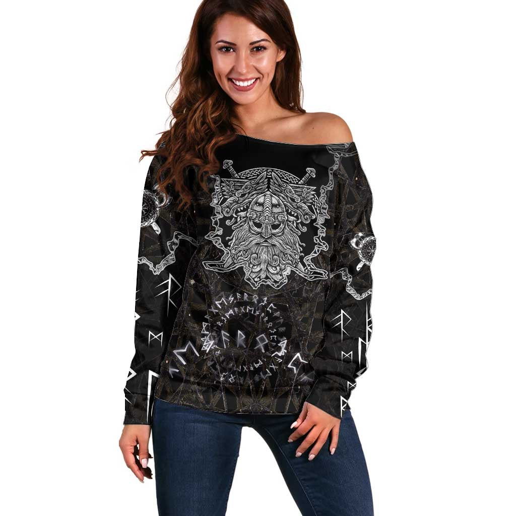 Viking Elder and Helm of Awe Norse Mythology Off Shoulder Sweater Monochrome Rune Engraving Style