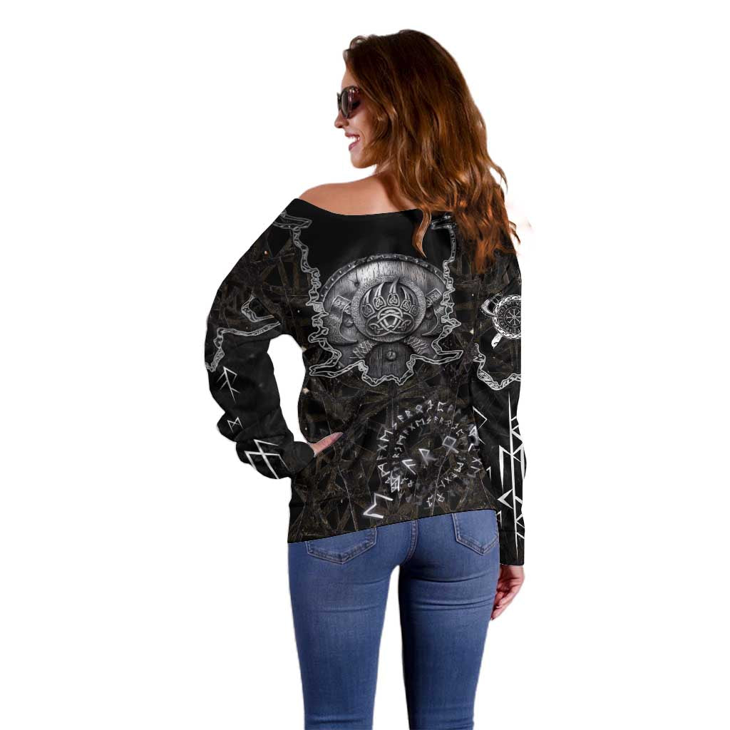 Viking Elder and Helm of Awe Norse Mythology Off Shoulder Sweater Monochrome Rune Engraving Style