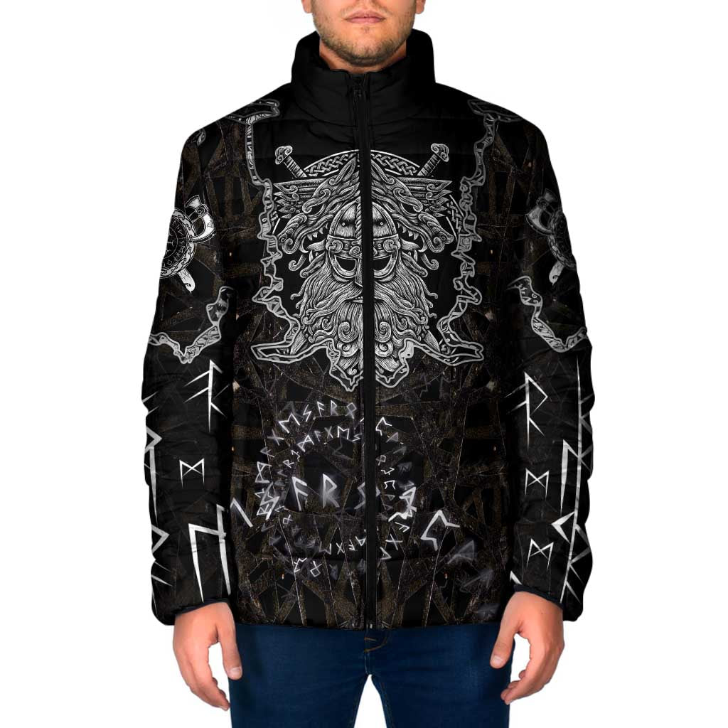 Viking Elder and Helm of Awe Norse Mythology Padded Jacket Monochrome Rune Engraving Style