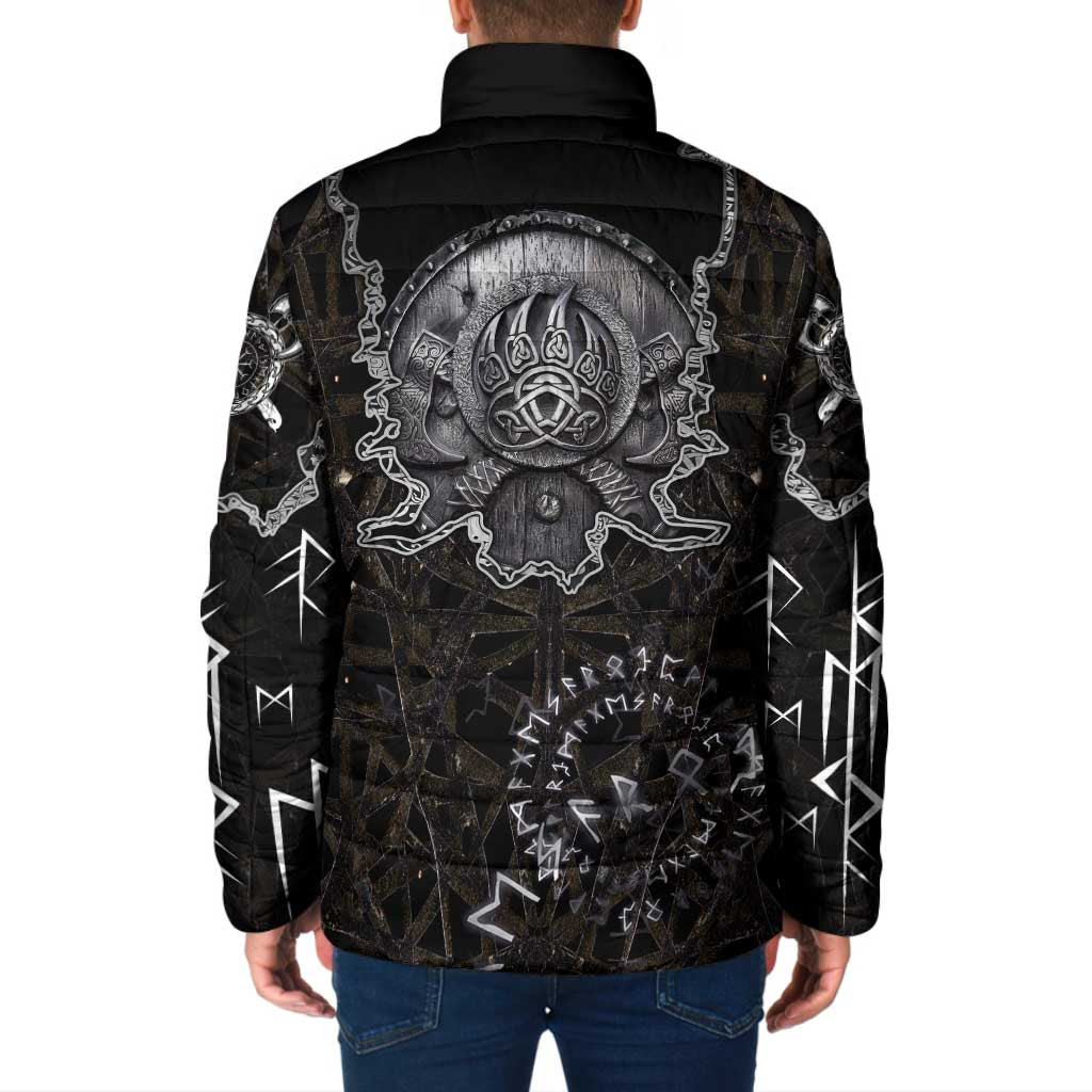Viking Elder and Helm of Awe Norse Mythology Padded Jacket Monochrome Rune Engraving Style