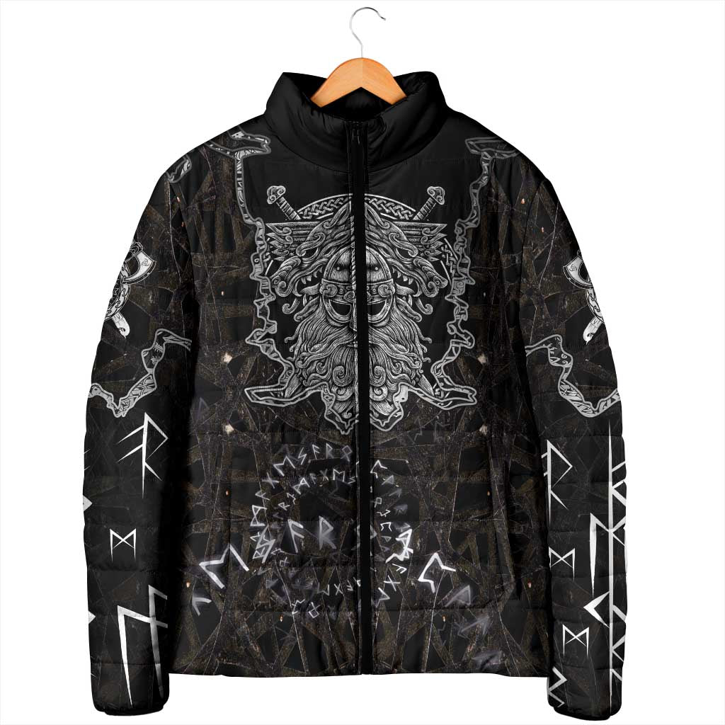 Viking Elder and Helm of Awe Norse Mythology Padded Jacket Monochrome Rune Engraving Style