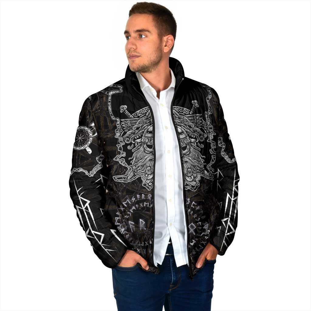 Viking Elder and Helm of Awe Norse Mythology Padded Jacket Monochrome Rune Engraving Style