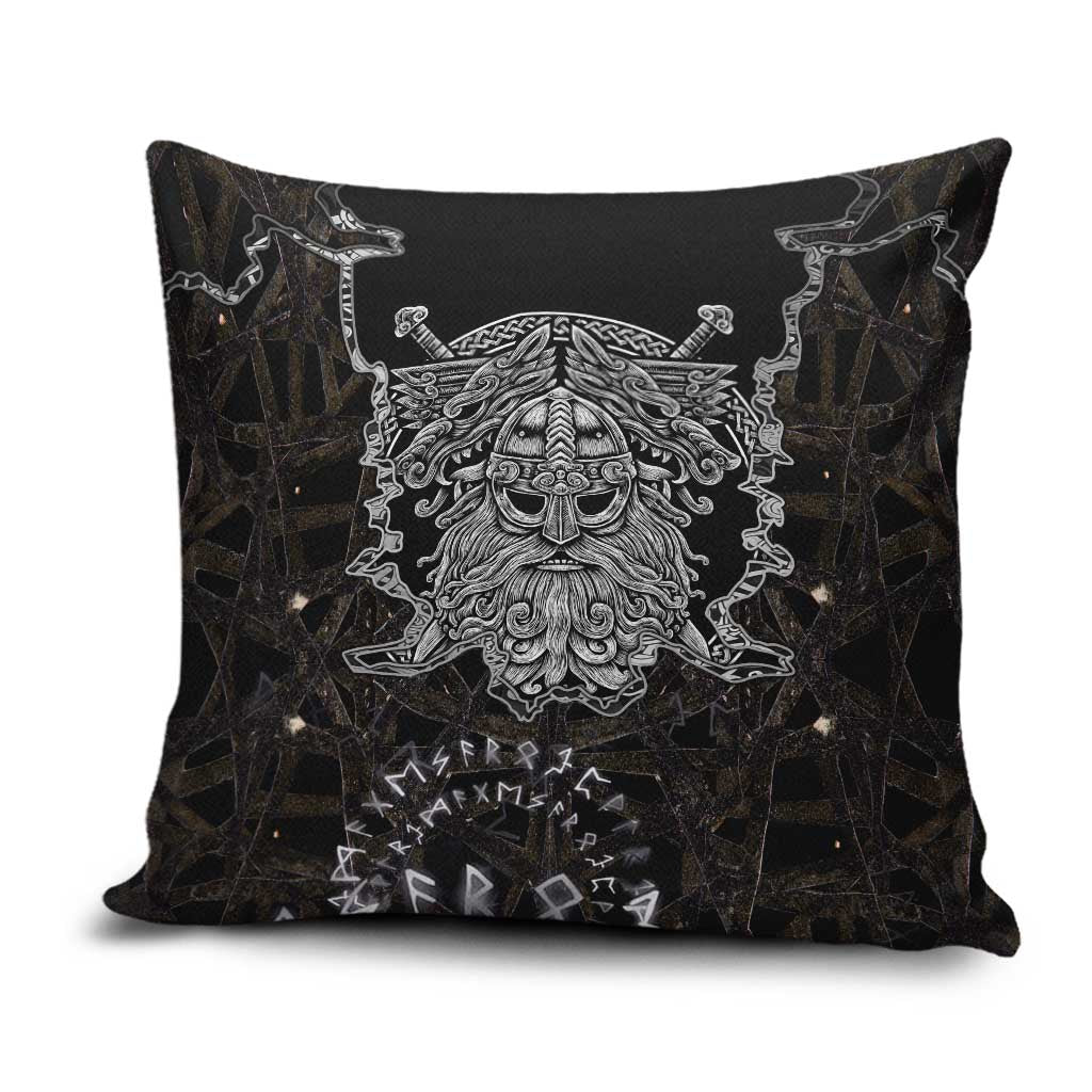 Viking Elder and Helm of Awe Norse Mythology Pillow Cover Monochrome Rune Engraving Style
