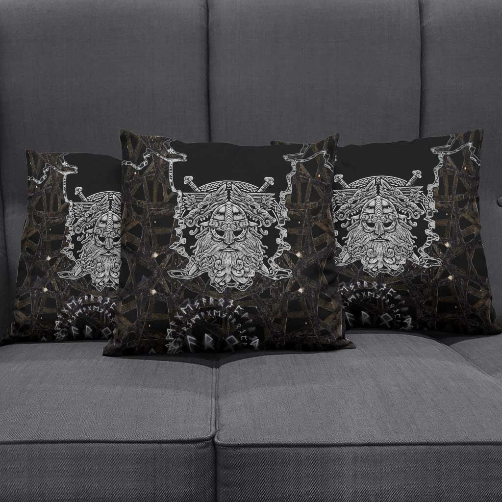 Viking Elder and Helm of Awe Norse Mythology Pillow Cover Monochrome Rune Engraving Style