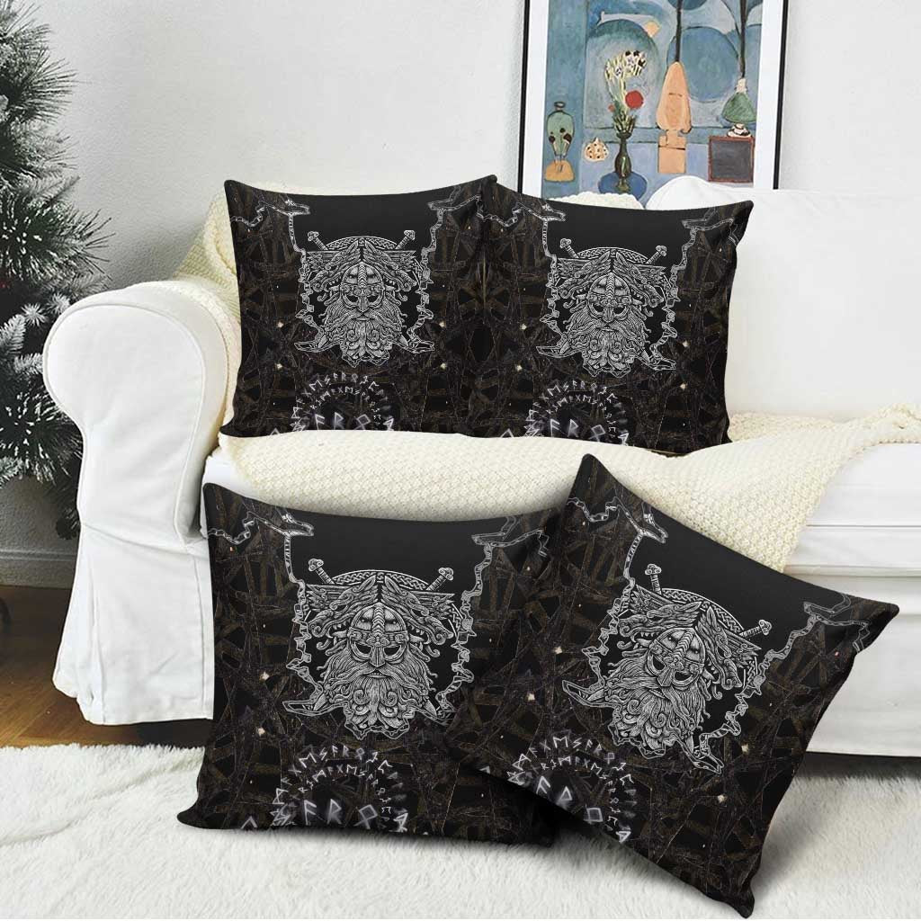 Viking Elder and Helm of Awe Norse Mythology Pillow Cover Monochrome Rune Engraving Style