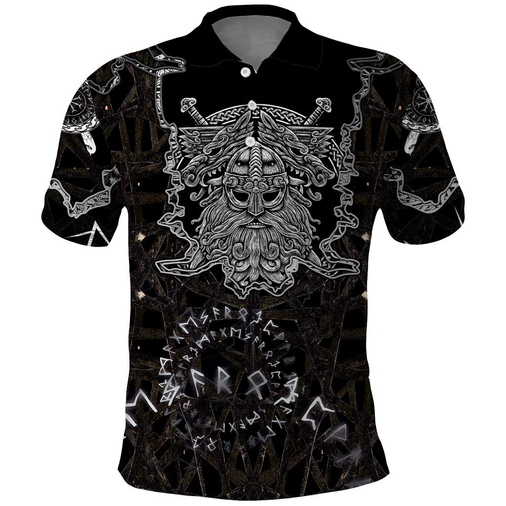 Viking Elder and Helm of Awe Norse Mythology Polo Shirt Monochrome Rune Engraving Style