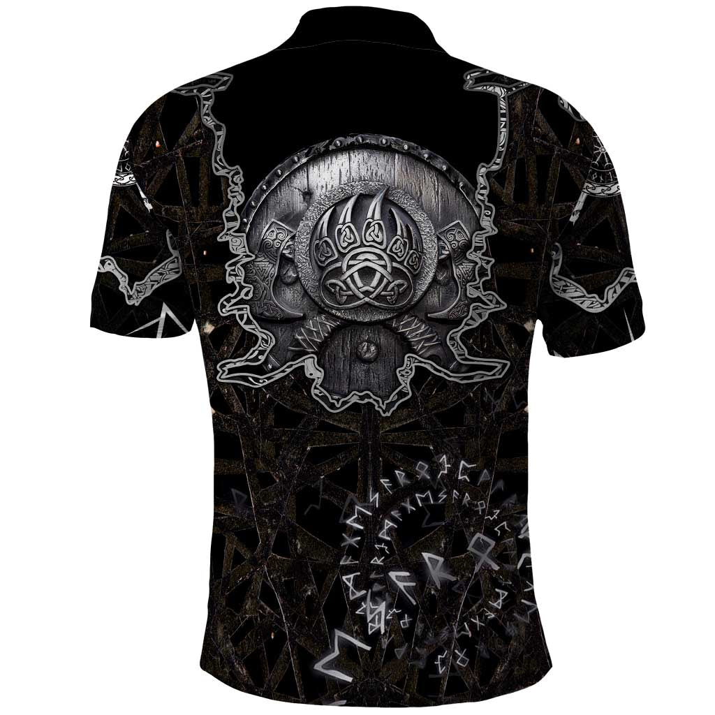 Viking Elder and Helm of Awe Norse Mythology Polo Shirt Monochrome Rune Engraving Style