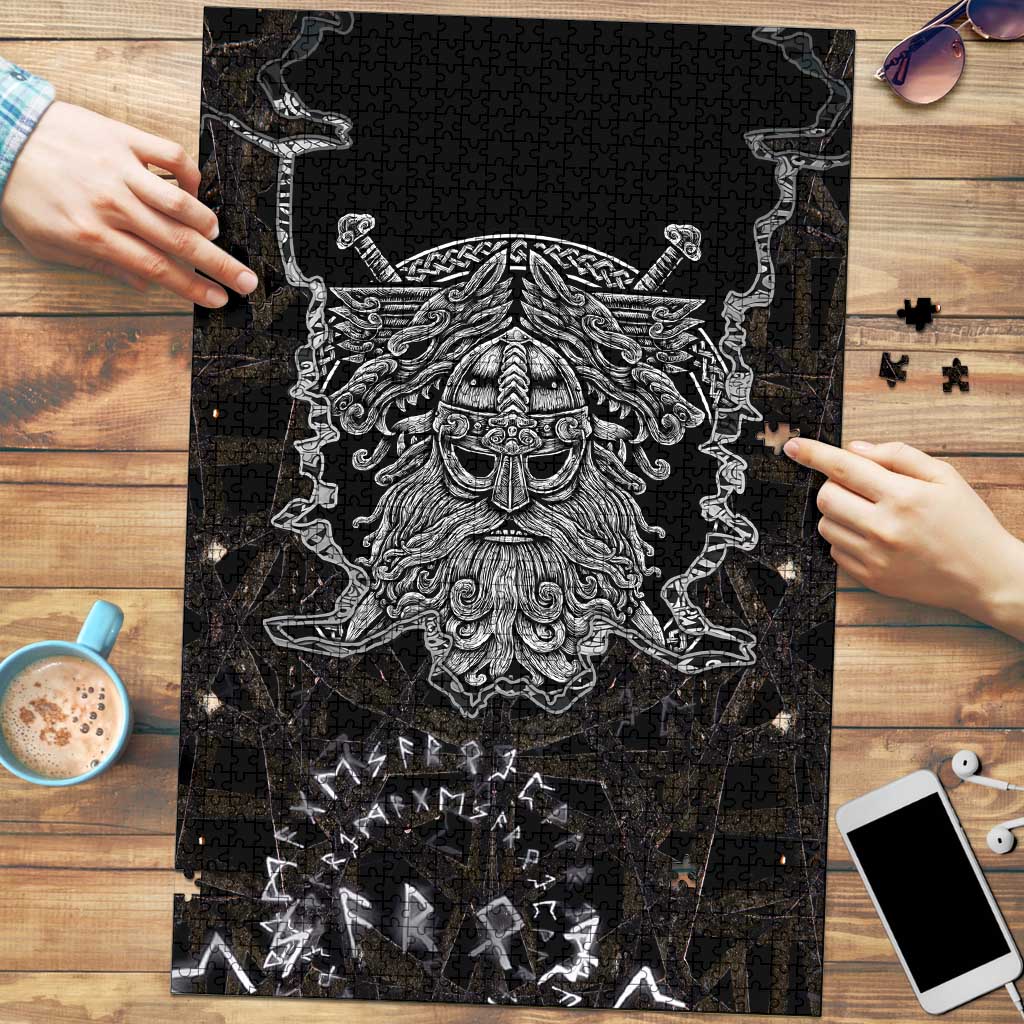 Viking Elder and Helm of Awe Norse Mythology Puzzle Monochrome Rune Engraving Style