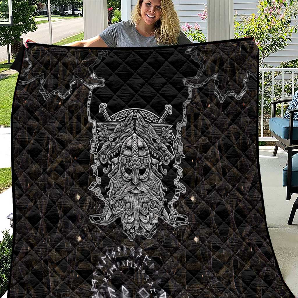 Viking Elder and Helm of Awe Norse Mythology Quilt Monochrome Rune Engraving Style