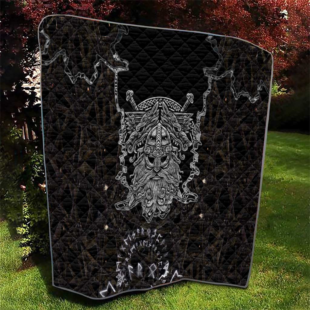 Viking Elder and Helm of Awe Norse Mythology Quilt Monochrome Rune Engraving Style