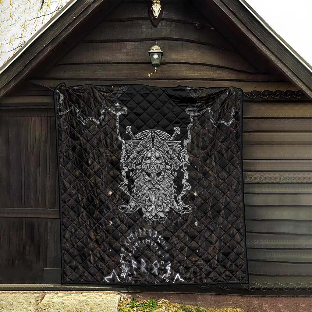 Viking Elder and Helm of Awe Norse Mythology Quilt Monochrome Rune Engraving Style