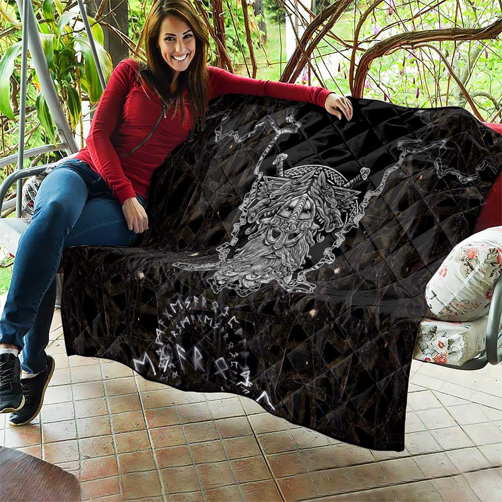 Viking Elder and Helm of Awe Norse Mythology Quilt Monochrome Rune Engraving Style