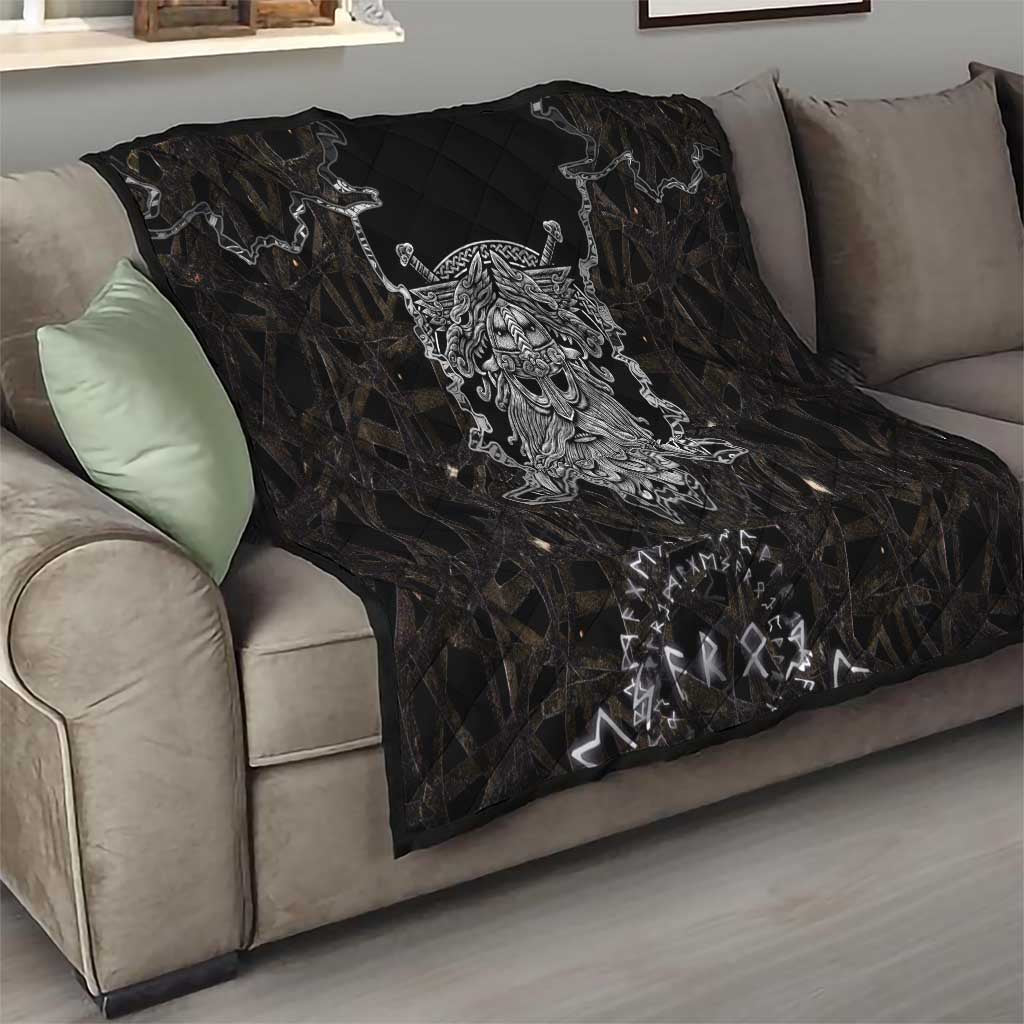 Viking Elder and Helm of Awe Norse Mythology Quilt Monochrome Rune Engraving Style