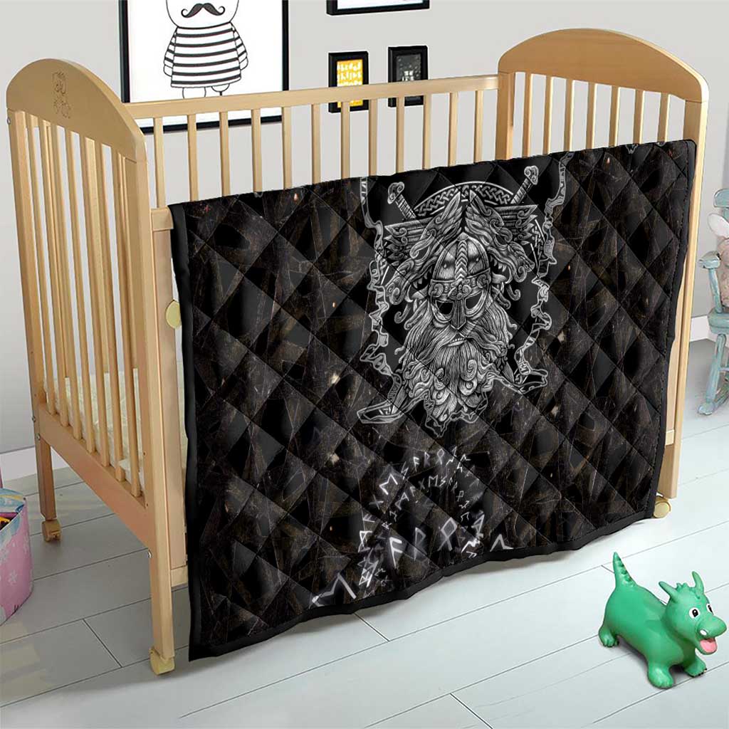 Viking Elder and Helm of Awe Norse Mythology Quilt Monochrome Rune Engraving Style
