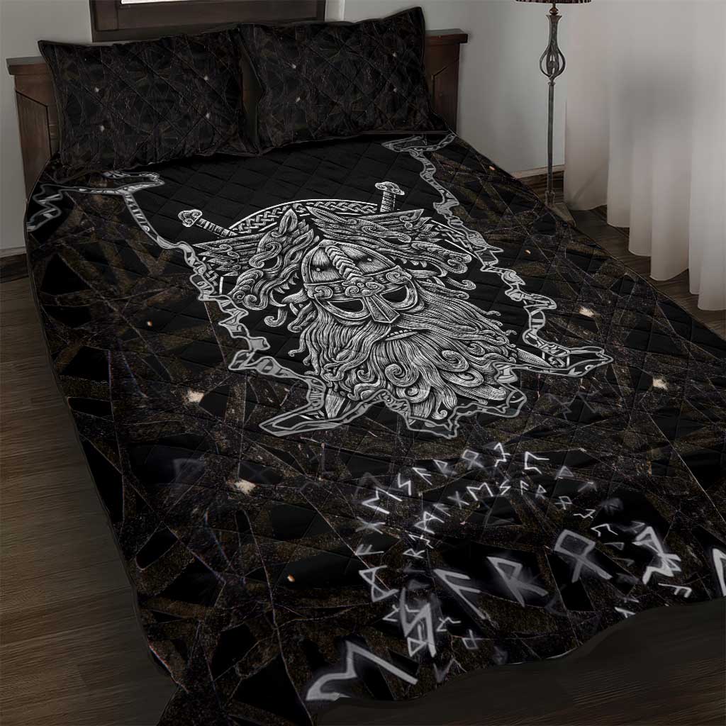 Viking Elder and Helm of Awe Norse Mythology Quilt Bed Set Monochrome Rune Engraving Style
