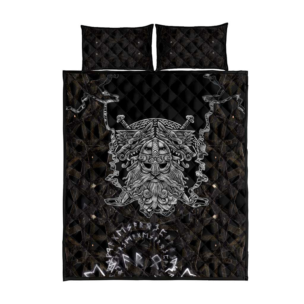 Viking Elder and Helm of Awe Norse Mythology Quilt Bed Set Monochrome Rune Engraving Style
