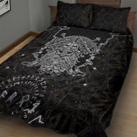 Viking Elder and Helm of Awe Norse Mythology Quilt Bed Set Monochrome Rune Engraving Style