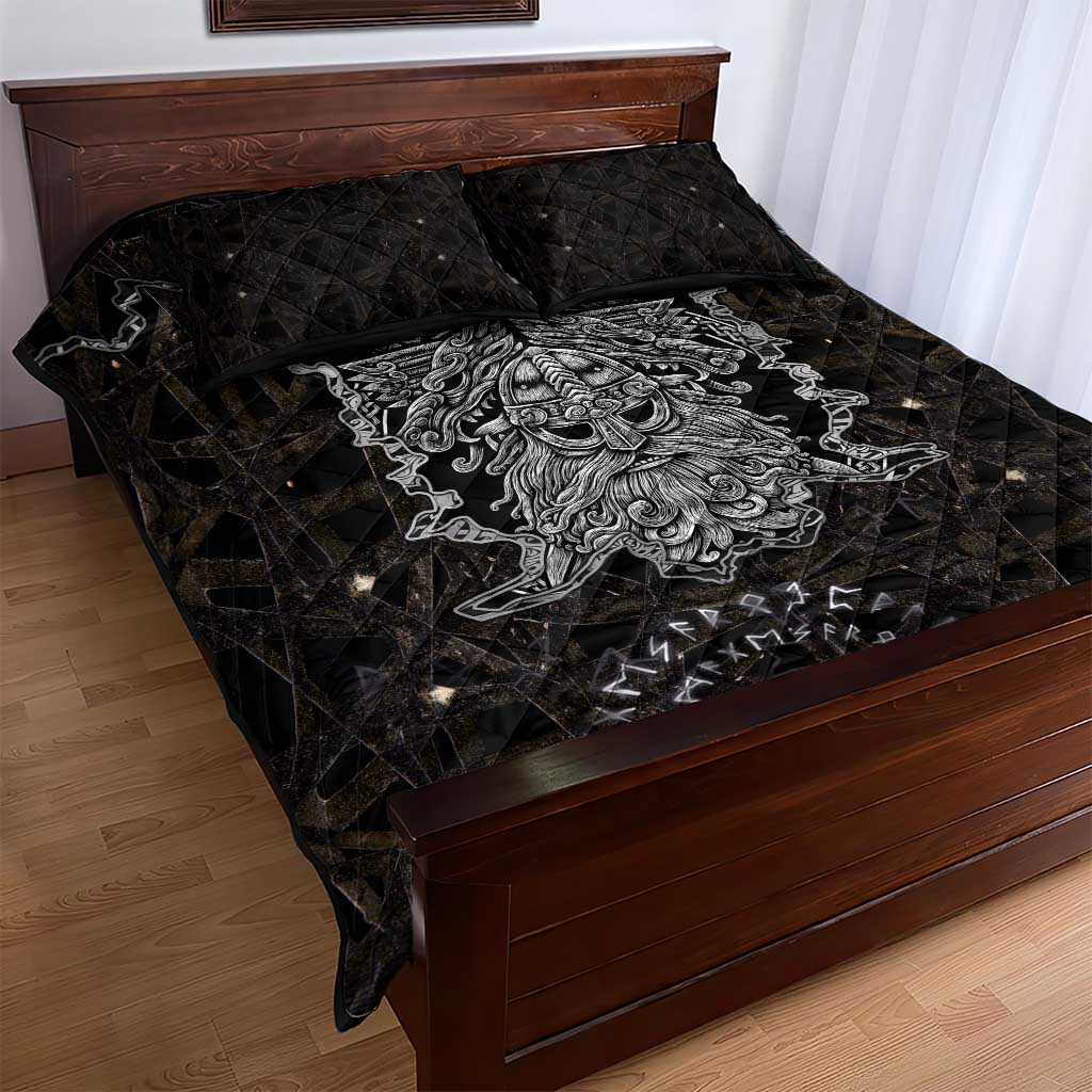Viking Elder and Helm of Awe Norse Mythology Quilt Bed Set Monochrome Rune Engraving Style