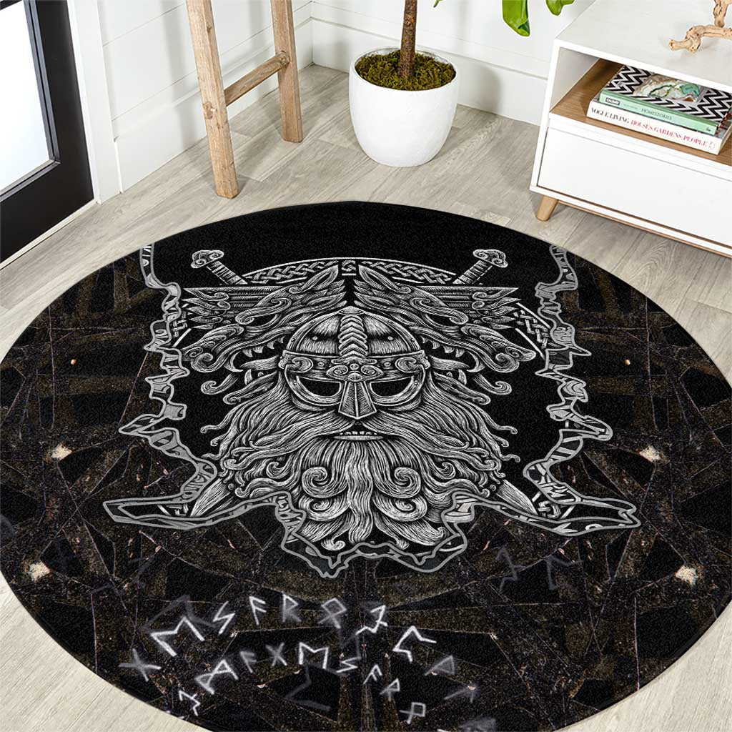 Viking Elder and Helm of Awe Norse Mythology Round Carpet Monochrome Rune Engraving Style