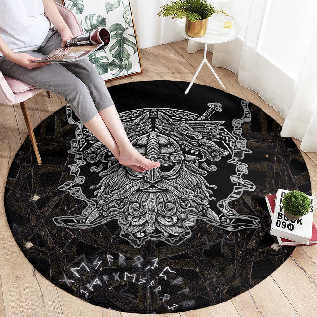 Viking Elder and Helm of Awe Norse Mythology Round Carpet Monochrome Rune Engraving Style