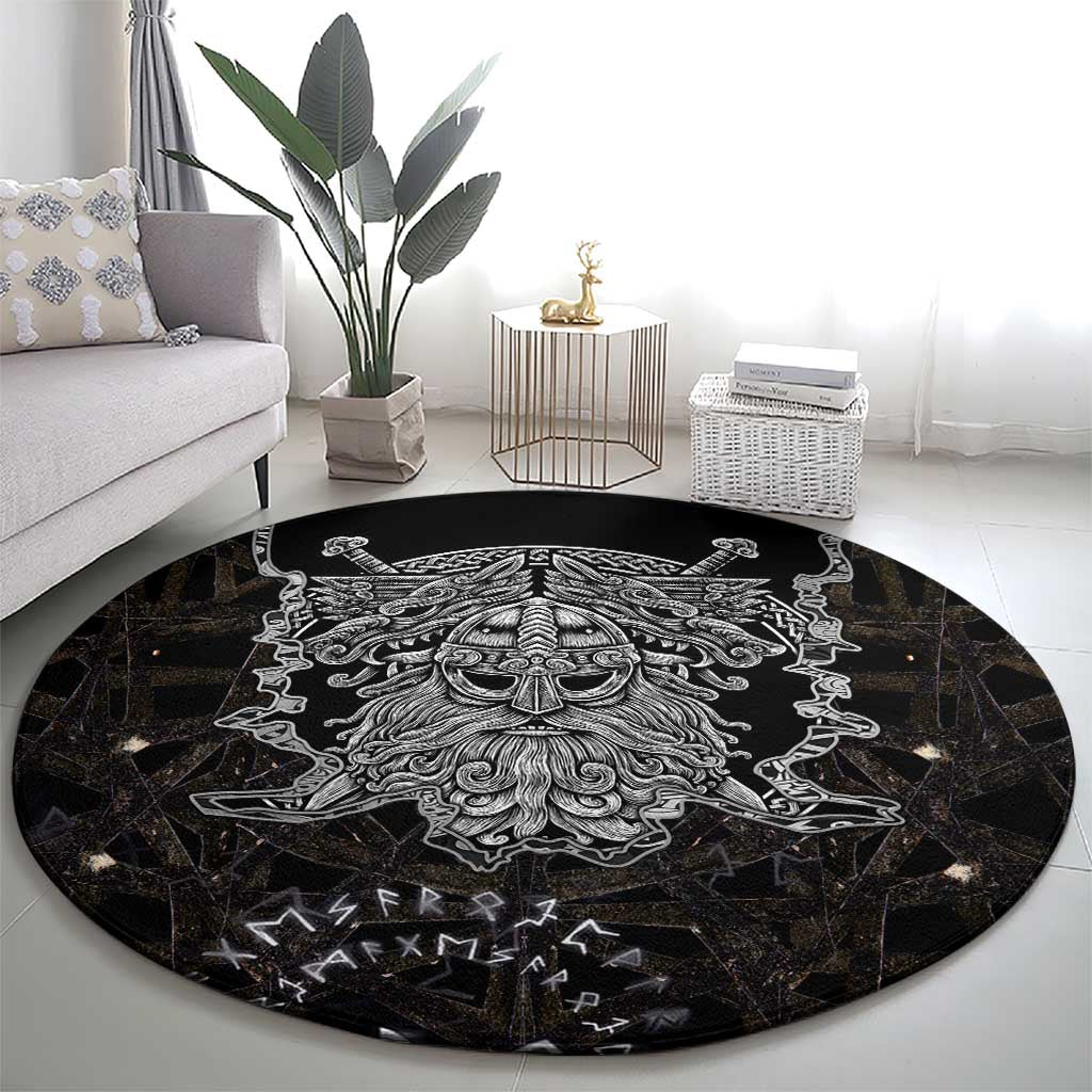 Viking Elder and Helm of Awe Norse Mythology Round Carpet Monochrome Rune Engraving Style