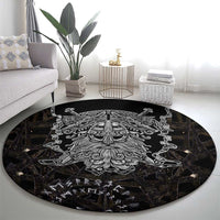 Viking Elder and Helm of Awe Norse Mythology Round Carpet Monochrome Rune Engraving Style