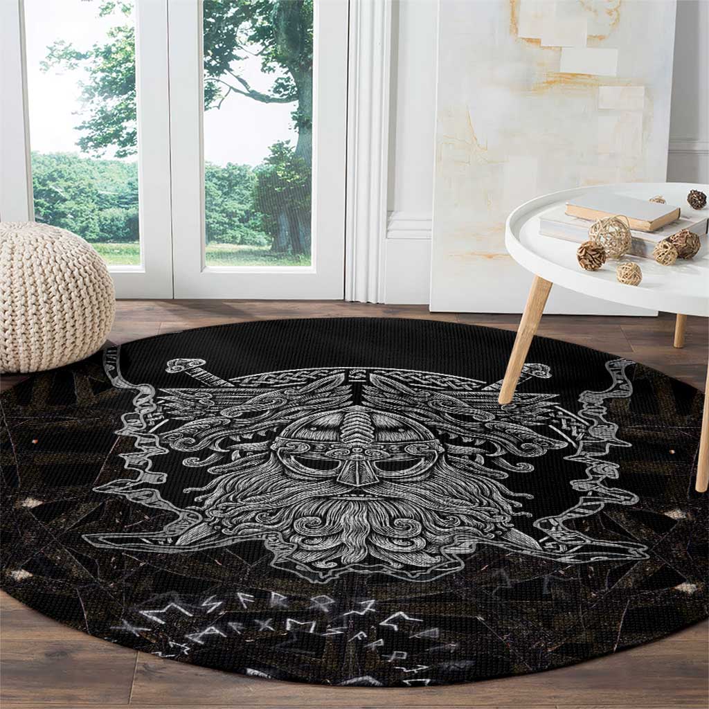 Viking Elder and Helm of Awe Norse Mythology Round Carpet Monochrome Rune Engraving Style