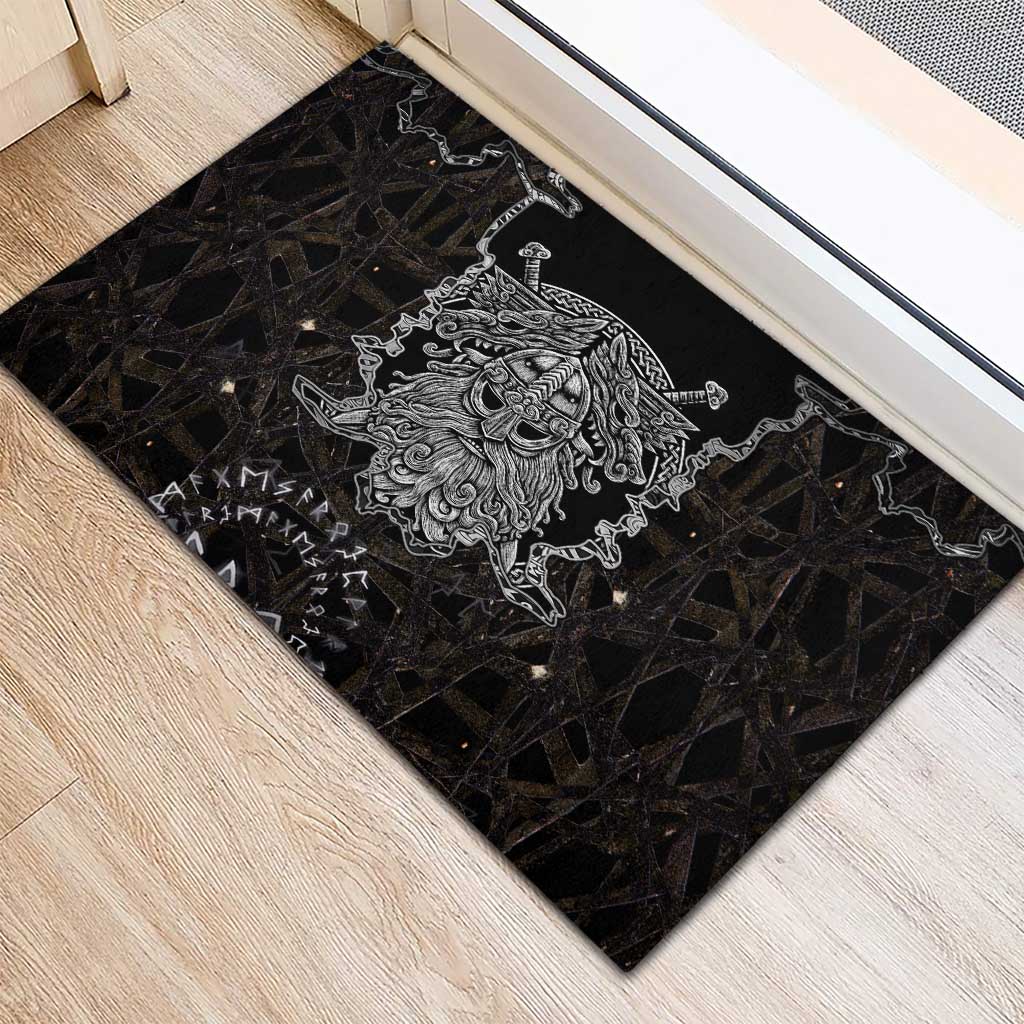 Viking Elder and Helm of Awe Norse Mythology Rubber Doormat Monochrome Rune Engraving Style