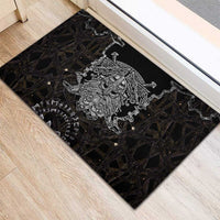 Viking Elder and Helm of Awe Norse Mythology Rubber Doormat Monochrome Rune Engraving Style