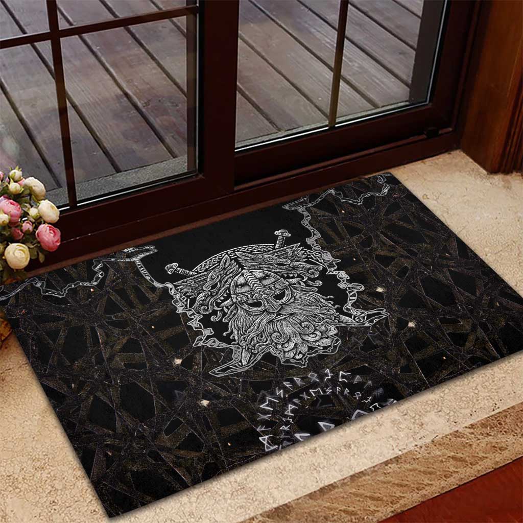 Viking Elder and Helm of Awe Norse Mythology Rubber Doormat Monochrome Rune Engraving Style