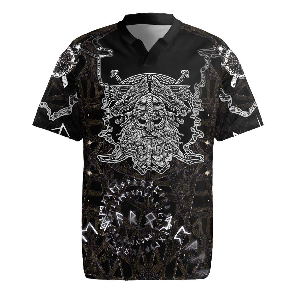Viking Elder and Helm of Awe Norse Mythology Rugby Jersey Monochrome Rune Engraving Style