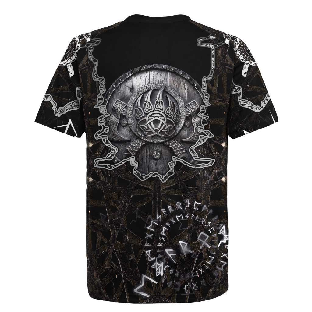 Viking Elder and Helm of Awe Norse Mythology Rugby Jersey Monochrome Rune Engraving Style