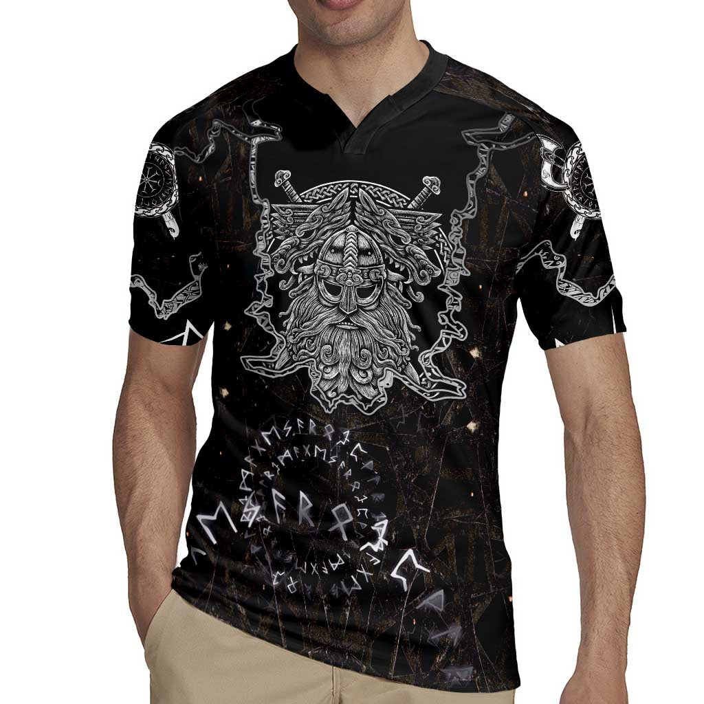 Viking Elder and Helm of Awe Norse Mythology Rugby Jersey Monochrome Rune Engraving Style