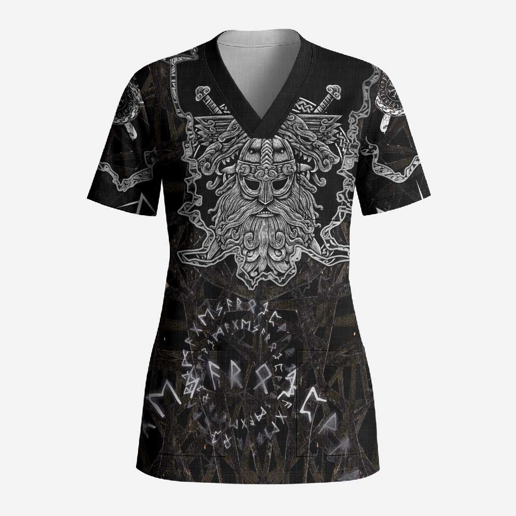 Viking Elder and Helm of Awe Norse Mythology Scrub Top Monochrome Rune Engraving Style