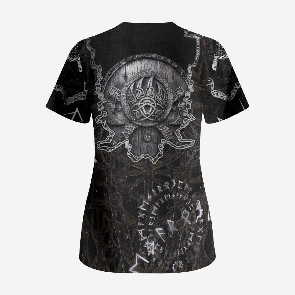 Viking Elder and Helm of Awe Norse Mythology Scrub Top Monochrome Rune Engraving Style
