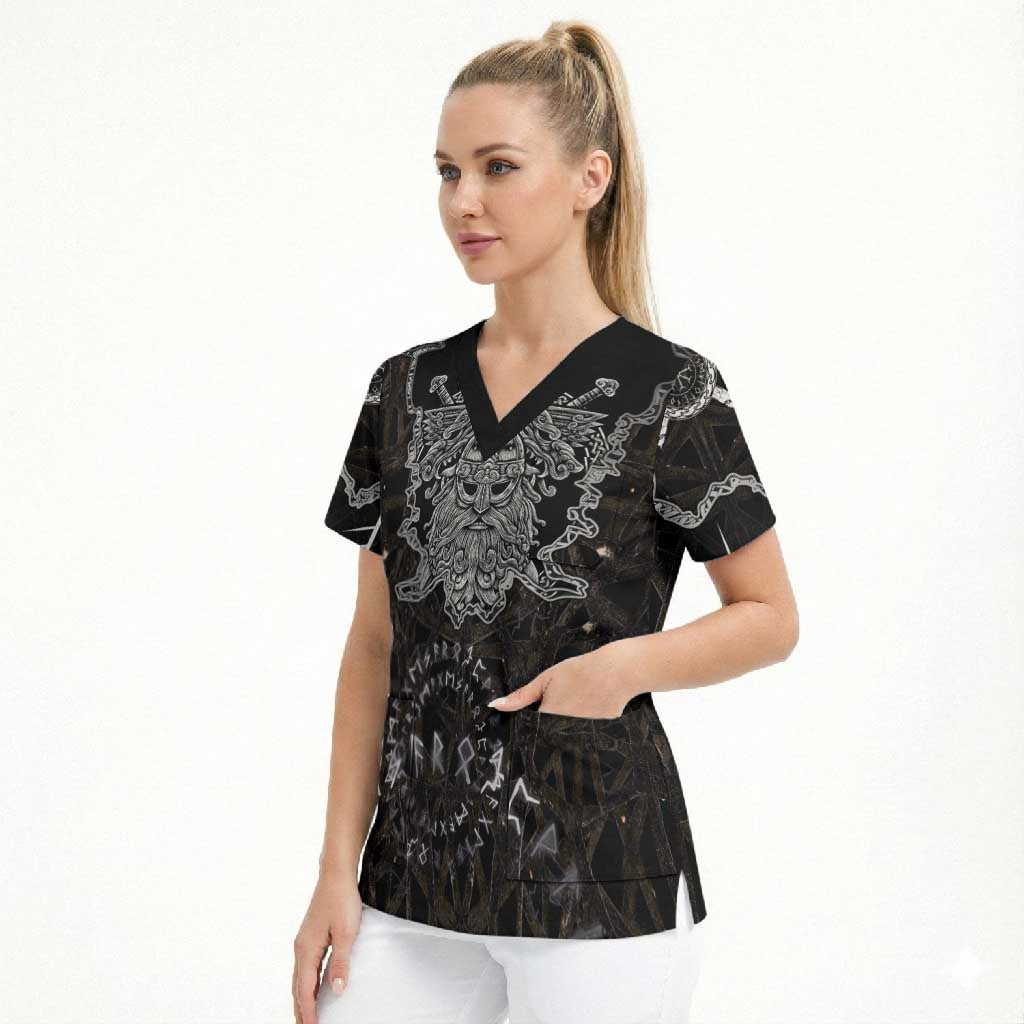 Viking Elder and Helm of Awe Norse Mythology Scrub Top Monochrome Rune Engraving Style