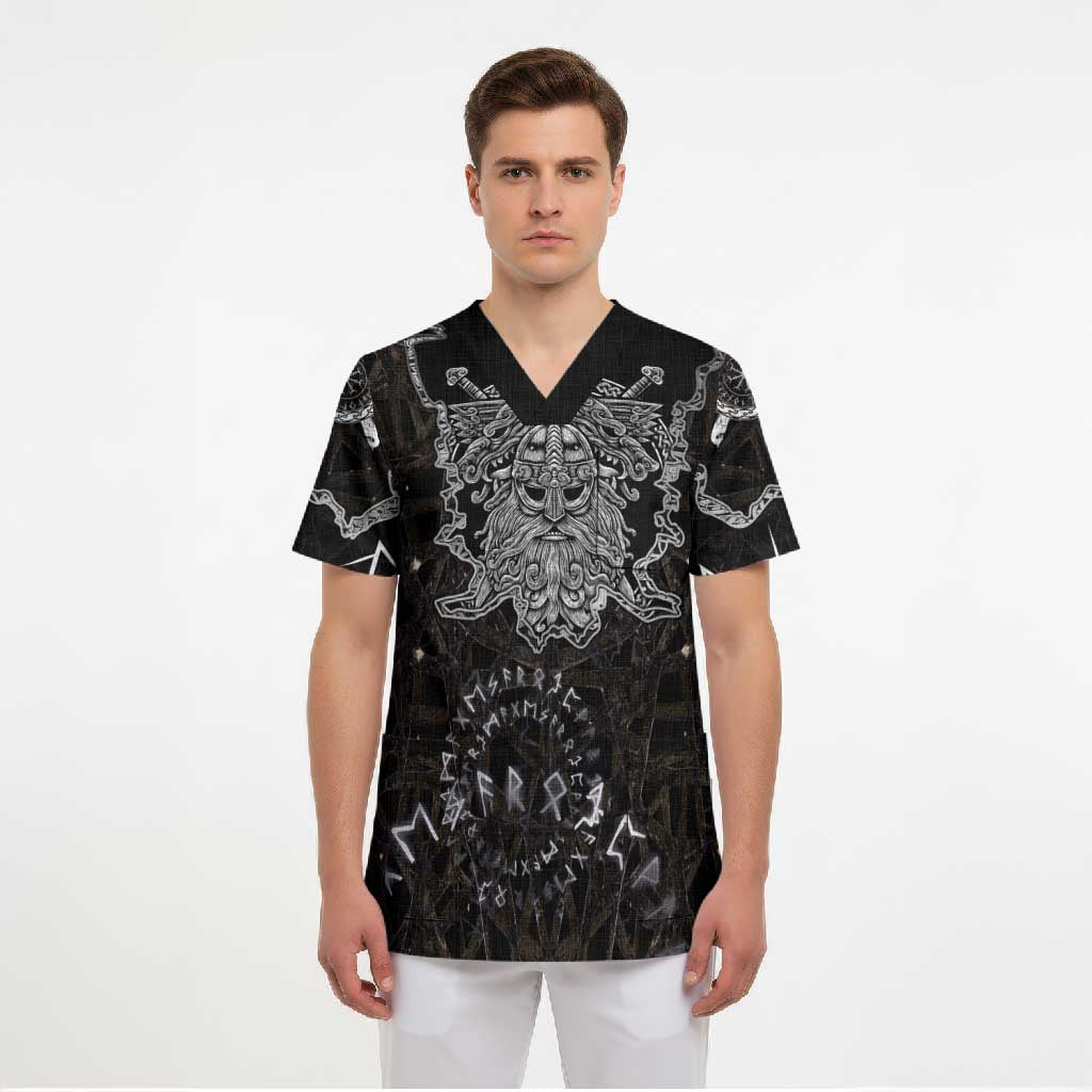 Viking Elder and Helm of Awe Norse Mythology Scrub Top Monochrome Rune Engraving Style