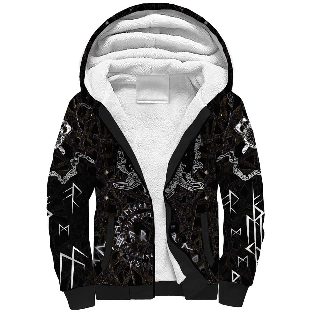 Viking Elder and Helm of Awe Norse Mythology Sherpa Hoodie Monochrome Rune Engraving Style