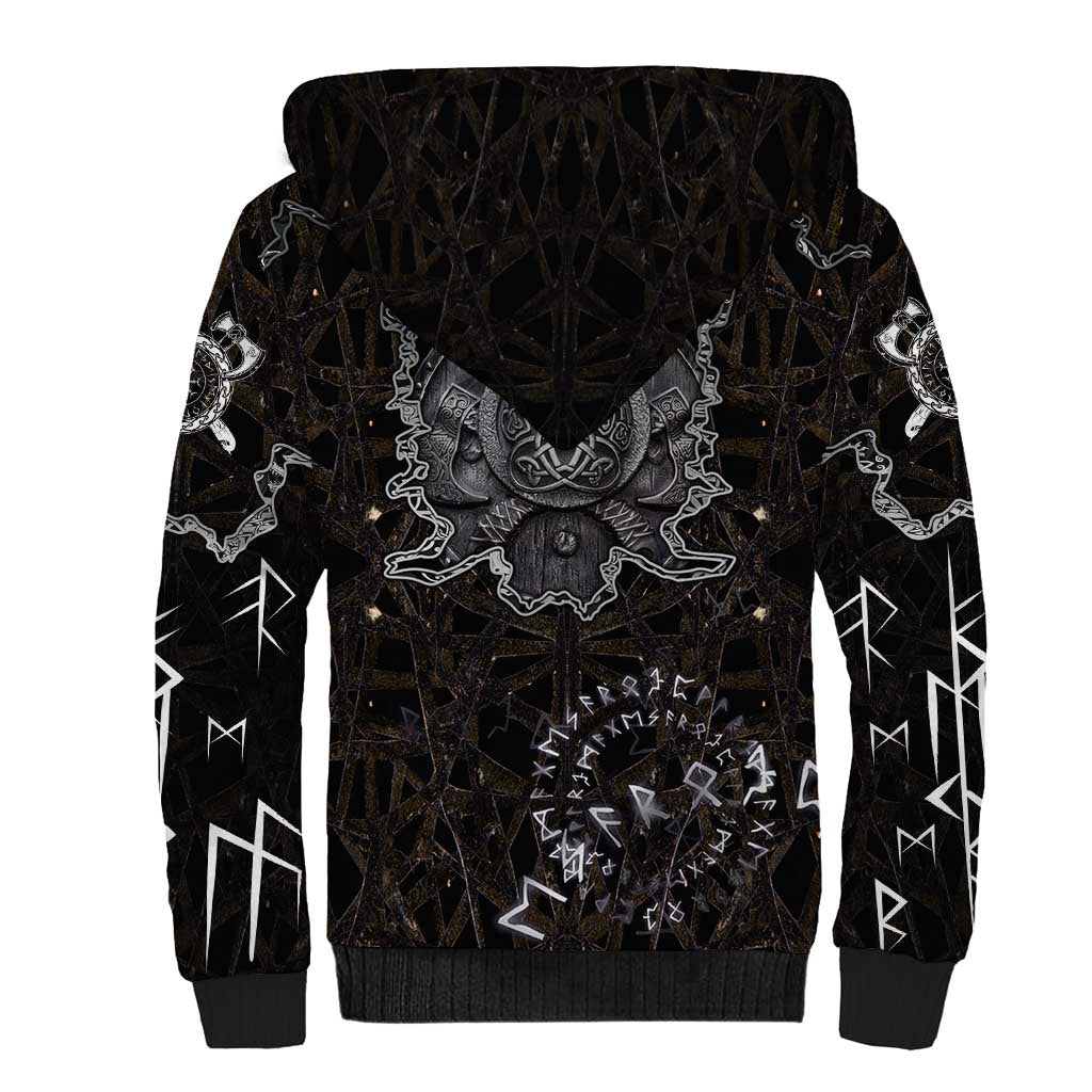 Viking Elder and Helm of Awe Norse Mythology Sherpa Hoodie Monochrome Rune Engraving Style